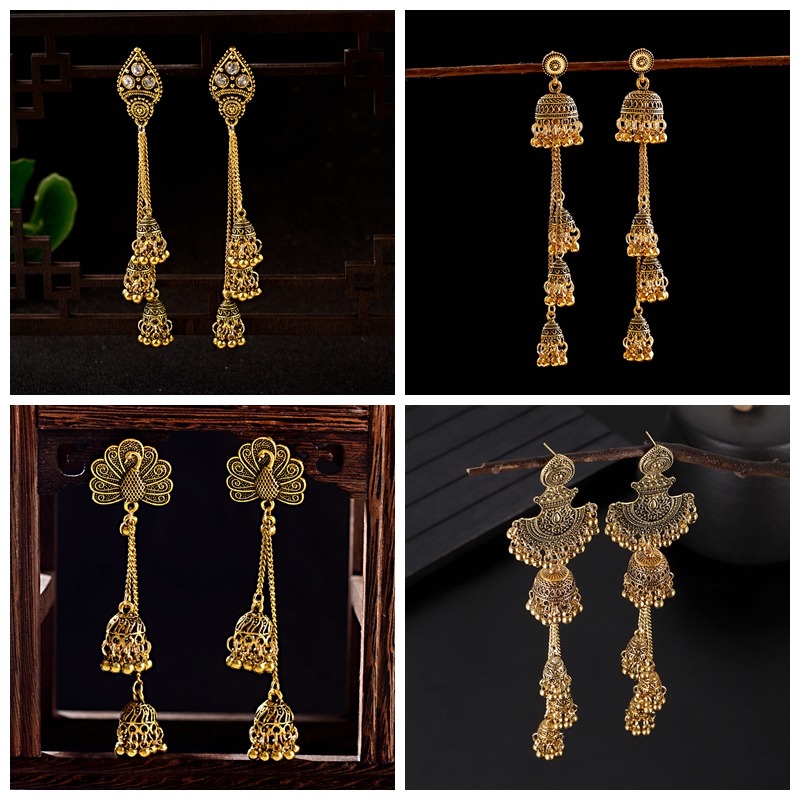 Indian Wedding Supply - Nieuwe goudkleurige bel-kwastje Jhumka-oorbel voor vrouwen,